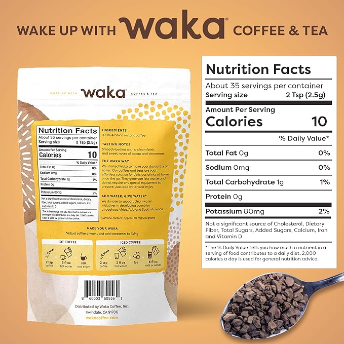 Waka Premium Instant Coffee Pouch — 100% Arabica Freeze Dried Beans — For Hot or Iced Coffee (3.5 Ounces, House Roast)