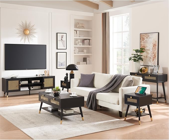 Mid Century Modern Black Coffee Table with Storage Drawers & Open Shelf, Solid Wooden Boho Rectangle Table with Metal Legs Designed for Living Room, Office, Lounge. Black Color with Golden Decor