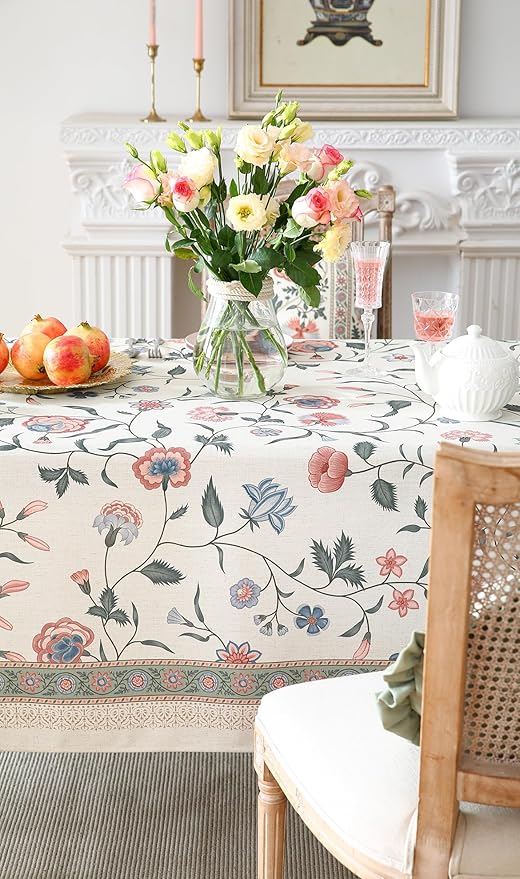 Designer Chinoiserie Linen Floral Extra Long Tablecloth Rectangle,White Wrinkle Resistant Table Cloth,Elegant Decor Tablecloths for Dining Thanksgiving Kitchen Party,67"*118"-Daffy
