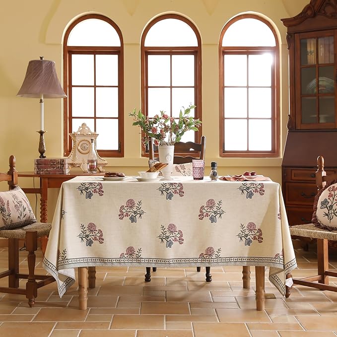 Designer Linen Light Beige Table Cloth for Rectangle Table,French Colorful Floral Table Cloth,Stain Resistant Decor Tablecloths for Dining Thanksgiving Kitchen,55"*87"-Helena E