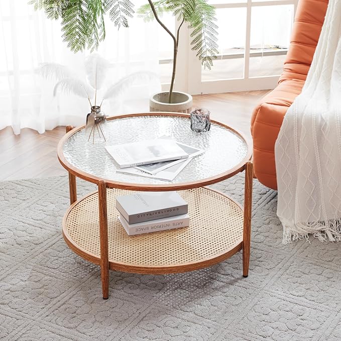 VINGLI 30" Rattan Coffee Table, Round Water-Wave Glass Metal Center Table, Modern Coffee Table with 2-Tier Storage, Farmhouse Circular Coffee Tables for Living Room and Small Space, Natural Vibe