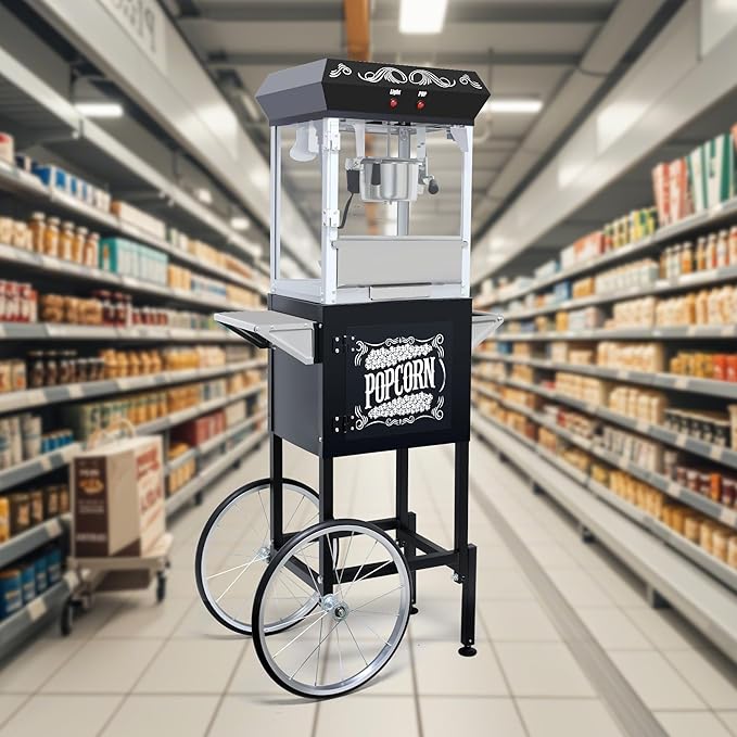 Popcorn Machine with Cart, 10oz Commercial Popcorn Maker Machine with Stainless Steel Kettle, Reject Kernel Tray, Warming Light and Steel Frame Tempered Glass Doors