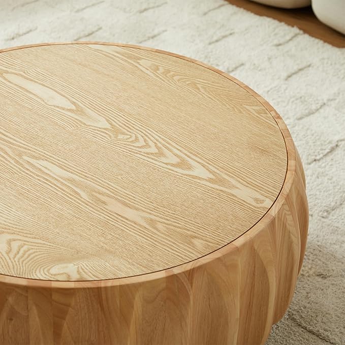 31.5" Round Coffee Table Drum Table Contemporary Wood Fluted Centry Table with Solid Wood Veneer for Living Room (Natural)