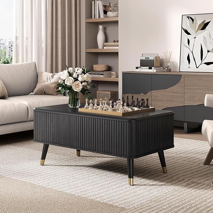 Lift Top Coffee Table, Mid Century Modern Coffee Table with Hidden Compartment, Fluted Lift Tabletop Center Table for Living Room, Home Office, Black