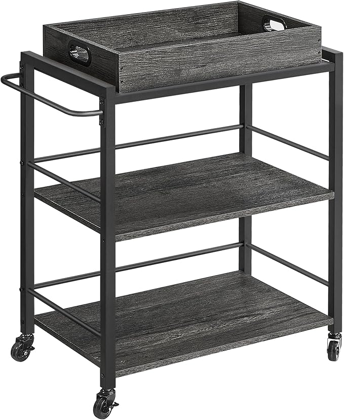 VASAGLE Kitchen Serving Cart with Removable Tray, 3-Tier Kitchen Utility Cart on Wheels with Storage, with Brakes, Leveling Feet, 15.7 x 28.3 x 33.9 Inches, Charcoal Gray and Black ULRC072B04