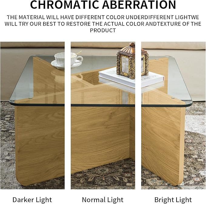 31.5" Glass Coffee Table, MDF Mid-Century Modern Square Coffee Table with Tempered Glass Top, Square Center Tables for Small Space Living Room Office Apartment, Wood