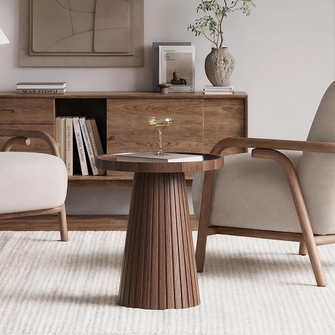 win2win Nesting Coffee Table Set of 2, Mid Century Modern Coffee Table with Wood Grain Veneer, Fluted Round Tea Table and End Table Set, Minimalist Center Tables for Living Room, Office, Walnut