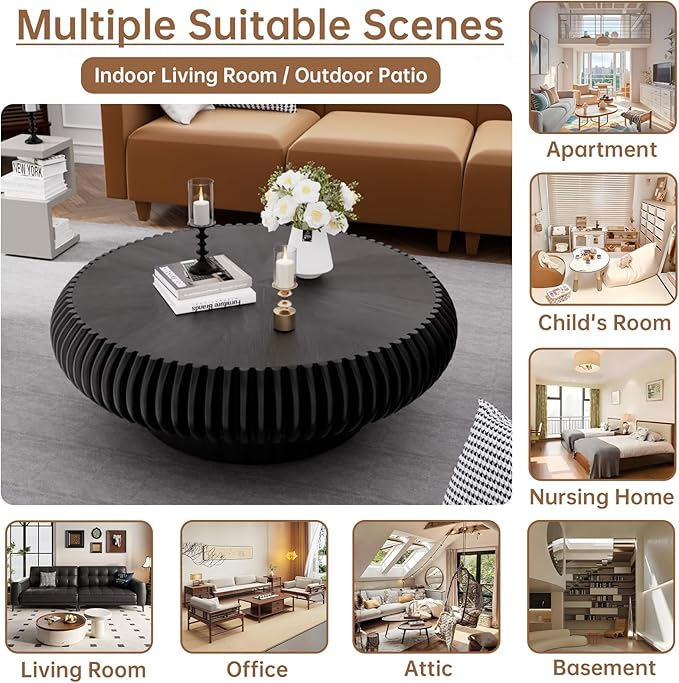 Round Coffee Table 39.3" Modern Black Fluted Coffee Table Low Round Drum Pedestal Coffee Tables for Living Room Farmhouse (Black 39.3 inch)
