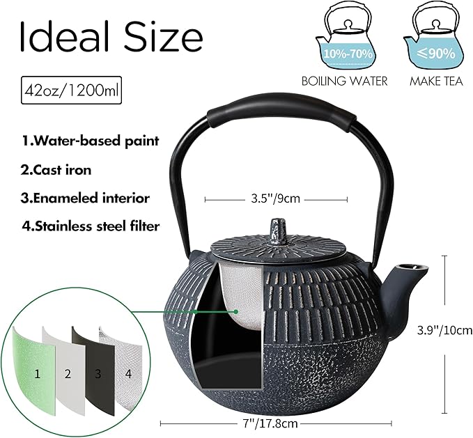 Cast iron Teapot, Tea Kettle for Stovetop Safe with Stainless Steel Infuser, Japanese Hand-made Line Pattern Tea Pot Coated with Enameled Interior for 42oz, 1200ml Dark Blue