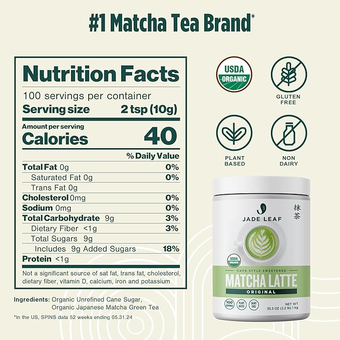 Jade Leaf Matcha Organic Cafe Style Sweetened Matcha Latte Green Tea Powder, Premium Barista Crafted Mix - Authentically Japanese, 100 Servings (2.2 Pound Bulk Tub)