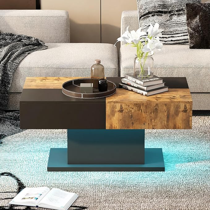 Led Coffee Table for Living Room, Living Room Table Rectangular Center Table, Modern Wooden Coffee Tables with 16 Colors LED Lights for Dining Reception Room