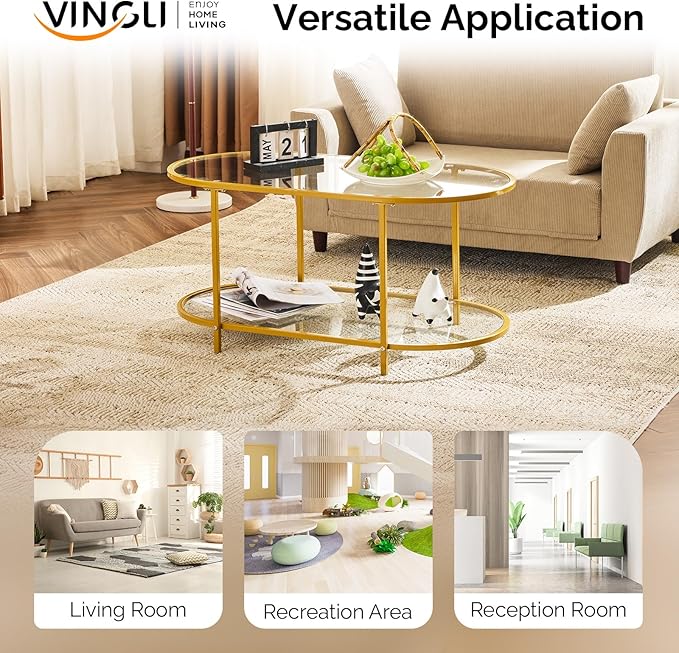VINGLI 38" Oval Coffee Table, Transparent Glass Metal Coffe Table for Home Decor, Modern Center Table with 2-Tier Storage, Long Coffee Tables for Living Room, Office, Small Space, Champagne Gold
