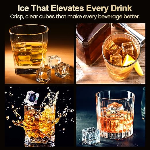HEYNEMO Clear Ice Maker – Compact Countertop Ice Machine with 1.6" Square Ice Cubes, Fast 10-Min Ice Production, Self-Cleaning,LED Light & Timer,Portable Electric Ice Maker for Kitchen, Bar, RV, Black