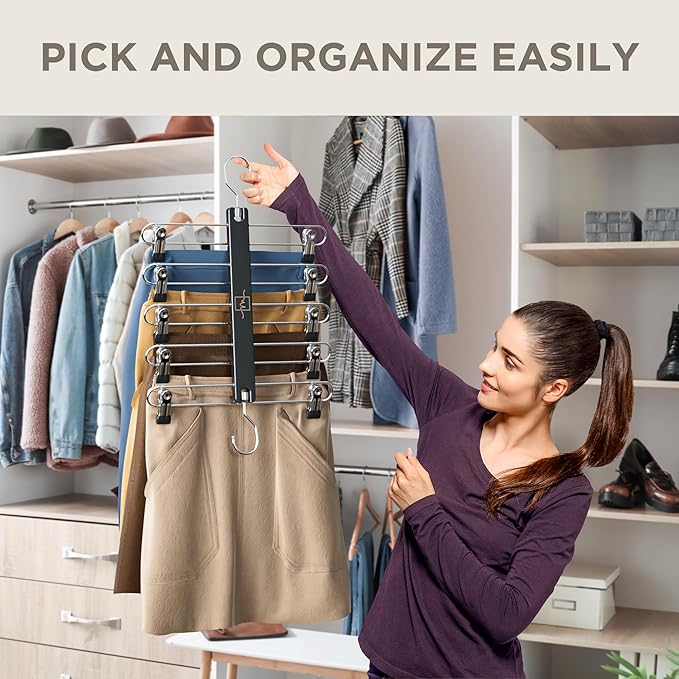 MORALVE Skirt Hangers Space Saving with Clips - 2 Pack - European Beechwood 5-Tier Hanger for Shorts, Skirts, and Pants - Closet Organizer and Storage Solution for Women with 360° Swivel Hook
