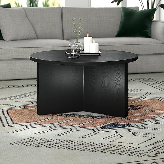 Henn&Hart 32" Round Wood Pedestal Coffee Table for Living Room, Family Room, Office, or Apartment, Black Grain