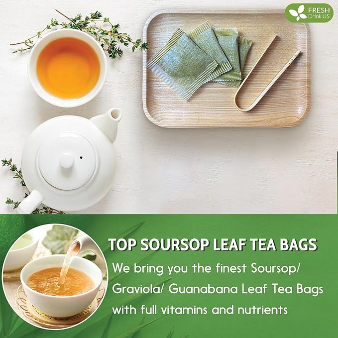 FreshDrinkUS, Premium 15 Soursop Graviola Leaf Tea Bags, 100% Natural & Pure from Soursop Leaves, Hoja Guanabana Herbal Tea. Made with Natural Material Tea Bags. No Sugar, No Caffeine, Vegan.