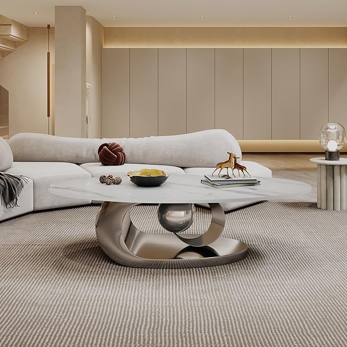 Marble Grain Coffee Table with Gold Stainless Steel Pedestal,Modern Coffee Tables,Oval Living Room Table with Faux Marble Top & Luxury Legs,Sintered Stone Cocktail Center Table,49.20inch