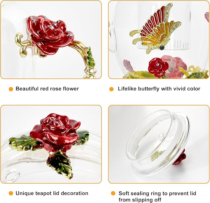 46oz/1300ml Large Enamel Teapot With Infuser,Floral Glass Teapot With Red Rose Flower Butterfly,Removable Infuser For Blooming Tea,Loose Leaf Tea,Fruit Tea,Tea Bag