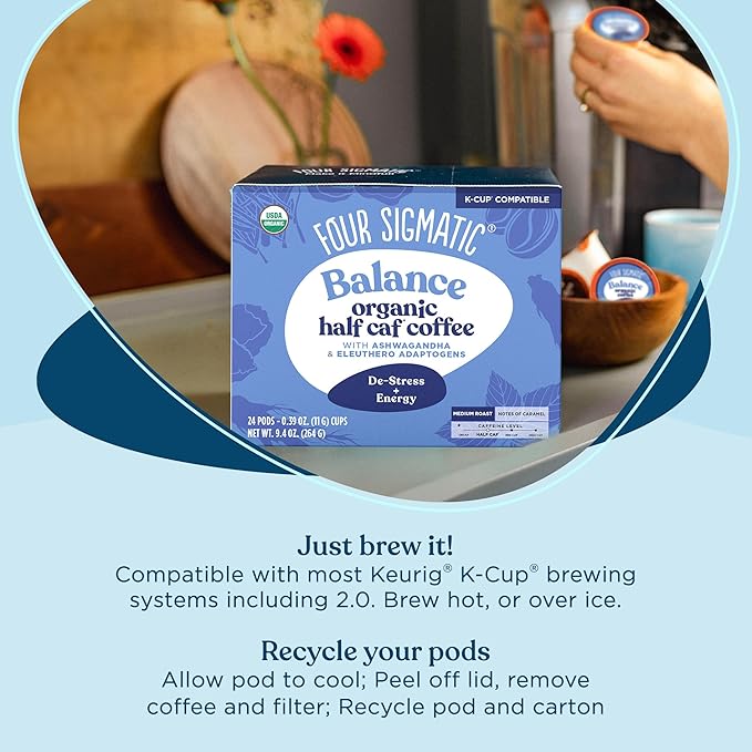 Four Sigmatic Adaptogen Coffee K-Cups | Organic Medium Roast Ground Coffee with Ashwagandha, Eleuthero, Chaga & Tulsi | Immune Support & Stress Relief | Keto | 24 Count