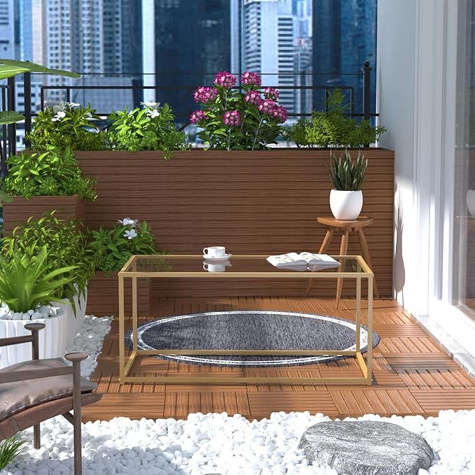 Tempered Glass Coffee Table - Minimalist Center Table for Living Room, Office - Modern Top With Sturdy Metal Frame & Open Storage - Easy Assembly, Gold