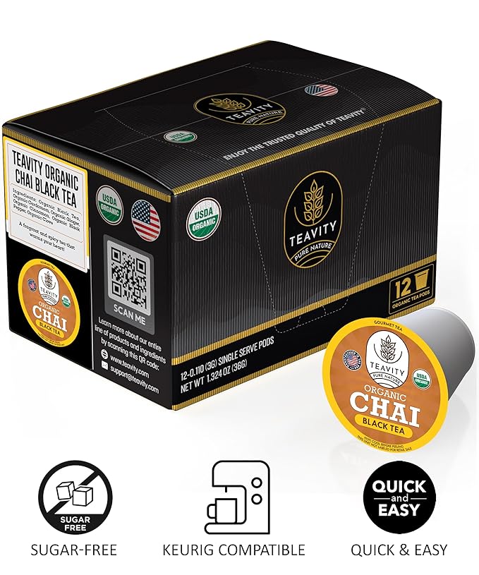 Organic Chai Black Tea Pods for Keurig Naturally Caffeinated by Teavity (12 Tea Pods)
