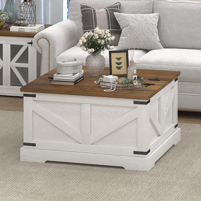 Farmhouse Coffee Table with Hidden Storage Compartment, White Square Coffee Table for Living Room, Wood Center Table with Hinged Lifting Tabletop for Home