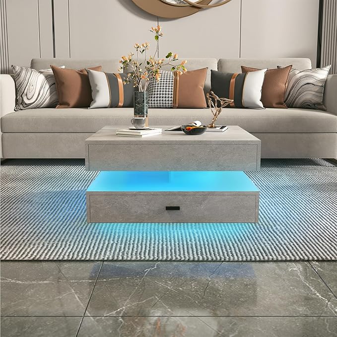 Grey LED Coffee Table for Living Room, 2-Tier Living Room Table Square Center Table, Modern Coffee Tables with Storage, Middle Wooden Tea Tables for Home Office