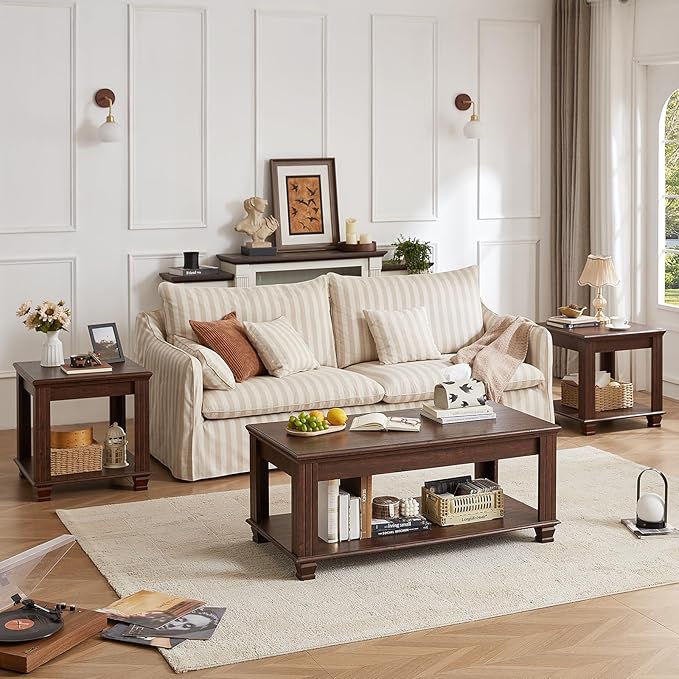 Farmhouse Coffee Tables for Living Room,Square Living Room Tables with Open Storage Shelf,Large Modern Coffee Table,Rustic Brown Center Table,Walnut