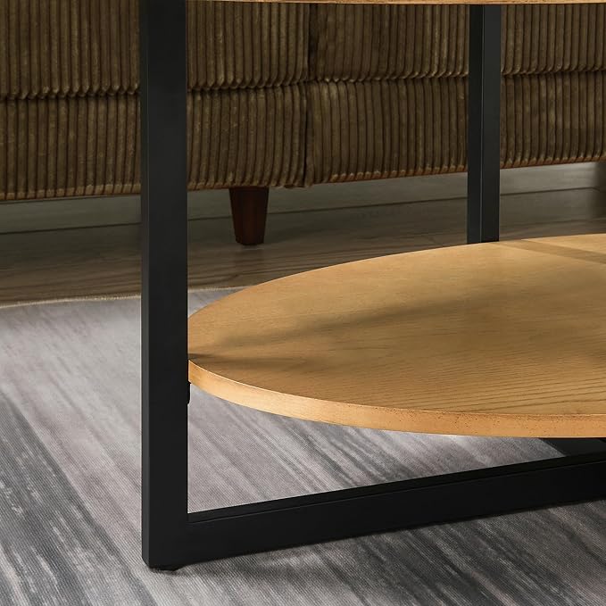 Solid Wood Oval Coffee Table with Cross Metal Legs, 43.3in Modern Industrail Center Table with Open Shelf Cocktail Tea Table for Living Room Bedroom, Natural Wood Color KFZ-1811-OA
