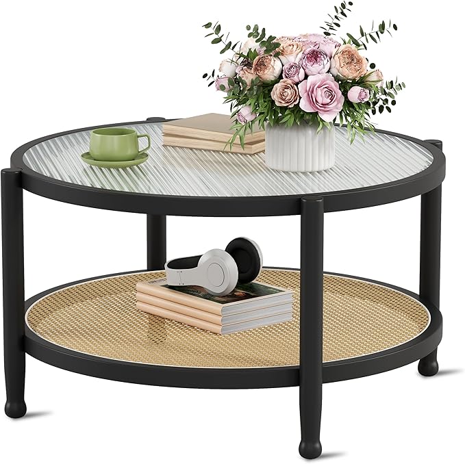 Rattan Round Coffee Table for Living Room, 32" Boho Circle Table with Tempered Glass Desktop Rustic Solid Wood Farmhouse Accent Center Storage Table (Black, 31.5" D x 31.5" W x 17" H)