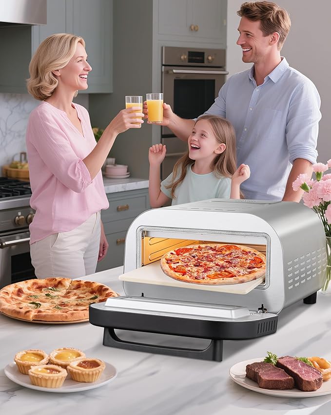 Upgraded Pizza Oven Heats up to 840°F Makes 12 Inch Pizzas in 90 Seconds Countertop Electric Pizza Maker with 6 Touchscreen Presets Pizza Stone & Peel Included - Stainless Steel