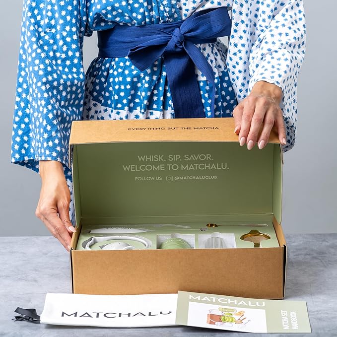 Premium 9 Piece Matcha Set With Ceramic Matcha Bowl, Bamboo Whisk & Holder, Stainless Steel Spoon & Sifter, Glass Cup & Straw, Electric Frother, Storage Bag - Gift for Matcha Lovers (White)