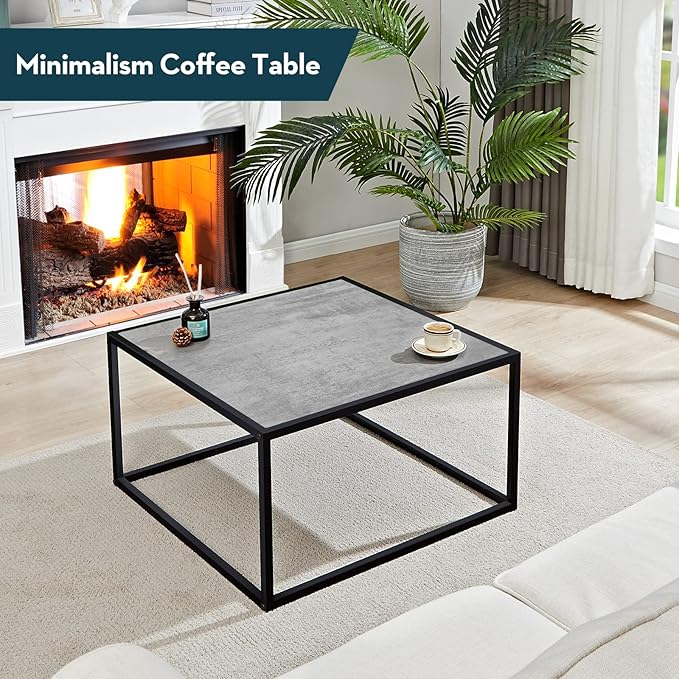 SAYGOER Small Coffee Table Square Modern Coffee Tables for Small Space Low Center Table for Living Room Office, Wood Top with Metal Frames, Easy Assembly, Gray Wood