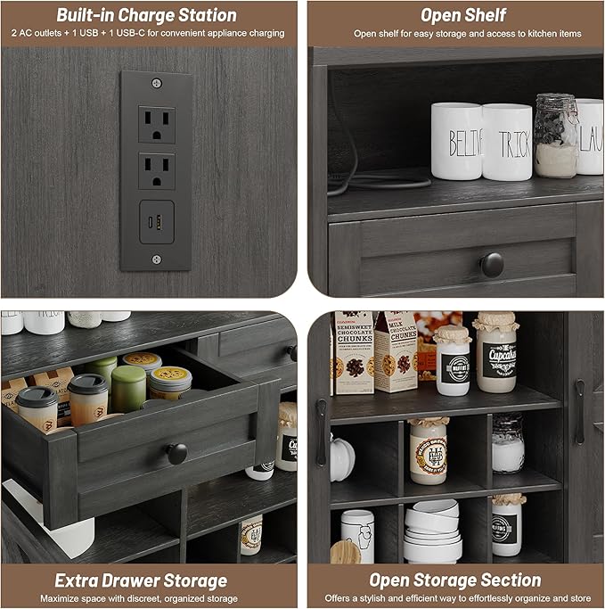 51" Sideboard Buffet Cabinet with Storage, Large Coffee Bar Cabinet with Drawers, Doors and Charging Station, Farmhouse Kitchen Sideboard Table for Kitchen, Dining Room, Living Room, Dark Grey