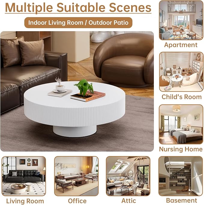 Round Coffee Table 30.7" Modern White Fluted Coffee Table Low Round Drum Pedestal Coffee Tables for Living Room Farmhouse (White 30.7in)
