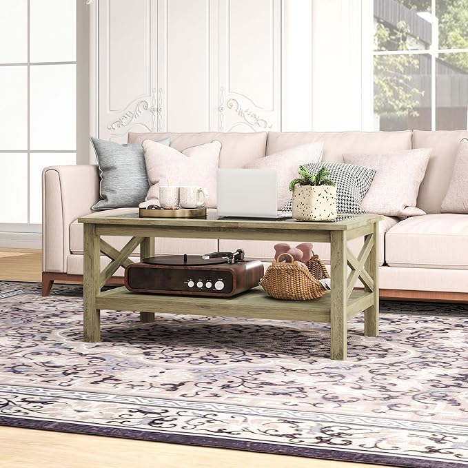 HOMCOM Glass Coffee Table, Modern Farmhouse Center Table with Storage, Side Table for Living Room with Classic X-Bar Style Sides, Gray