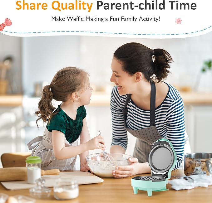 6 in 1 Mini Waffle Maker, 4” Waffle Iron with Removable Non-stick Plates, Perfect Mini Waffle Maker Machine for Kids and Families, Light Blue