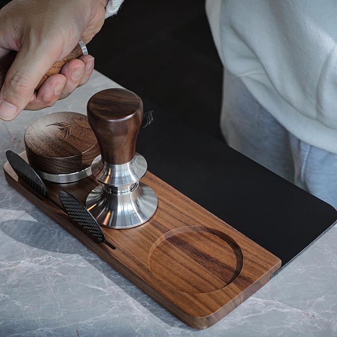 54mm Tamping Mat For Breville Espresso Machine Accessories Walnut & Leather Tamp Station Organizer with Multi-Slot Design for Espresso Tools Tamper, Distributor, Funnel & Puck Screens