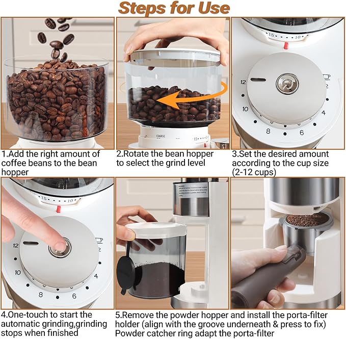 Electric Burr Coffee Grinder with 25 Grind Setting for 2-12 Cup Adjustable Stainless Steel Dosing Bean Mill Home Automatic Conical Freshly Ground Espresso Grinder with Cleaning Brush White
