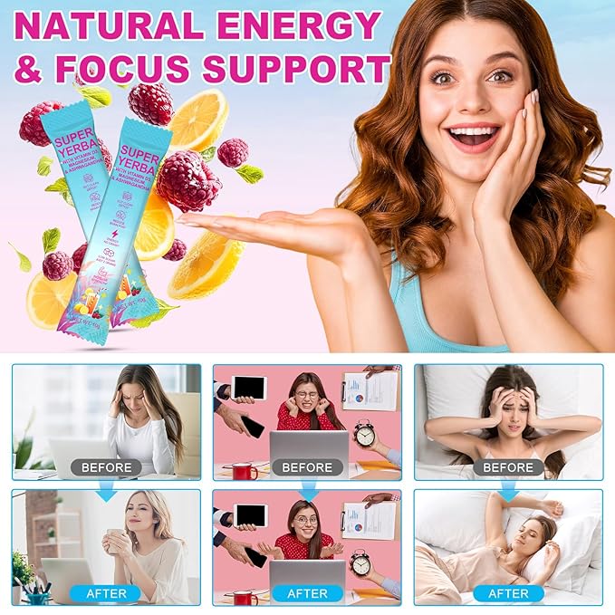 SUPER YERBA Raspberry Lemonade - 30 Packets Yerba Mate Tea | Vitamin D3, Magnesium & Ashwagandha | Supports Digestive Health & Mental Clarity* | Energy & Muscle Support
