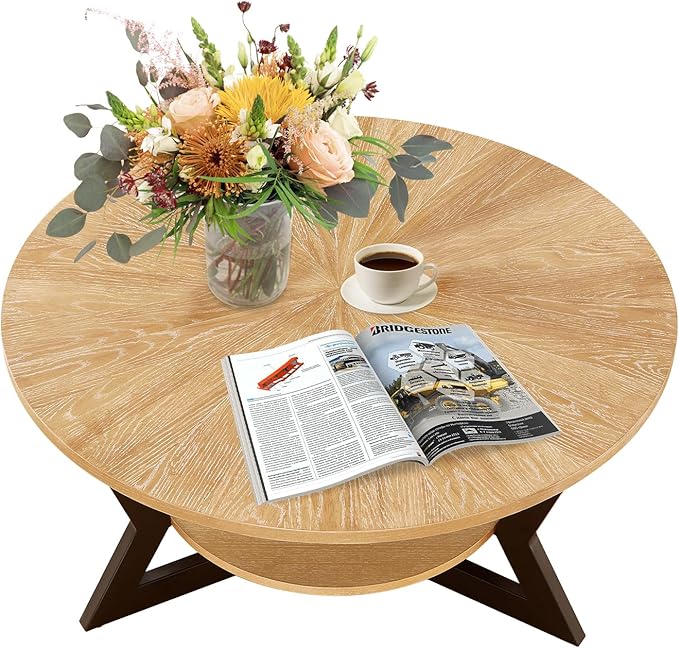 Round Wood Coffee Table for Living Room, 2-Tier Rustic Circle Coffee Table with Storage, 35āx 17ā Real Wood Desktop with Metal Frame, Radial Pattern