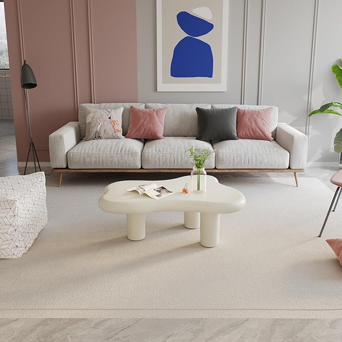 Irregular-Shaped Coffee Table, 39.37" Cream White Center Table with 3 Legs, Cartoon Indoor Tea Table for Living Room, Home Office, Easy to Assemble