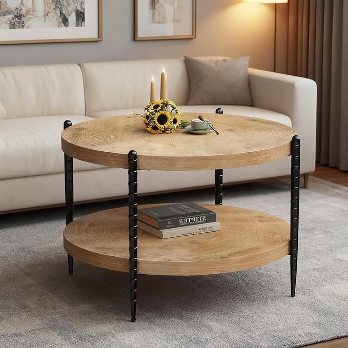 Round Coffee Table for Living Room, Small 2-Tier Circle Coffee Tables with Storage Shelf, Rustic Wood Desktop Modern Design Accent Center Table Home Furniture for Apartment, Brown and Black