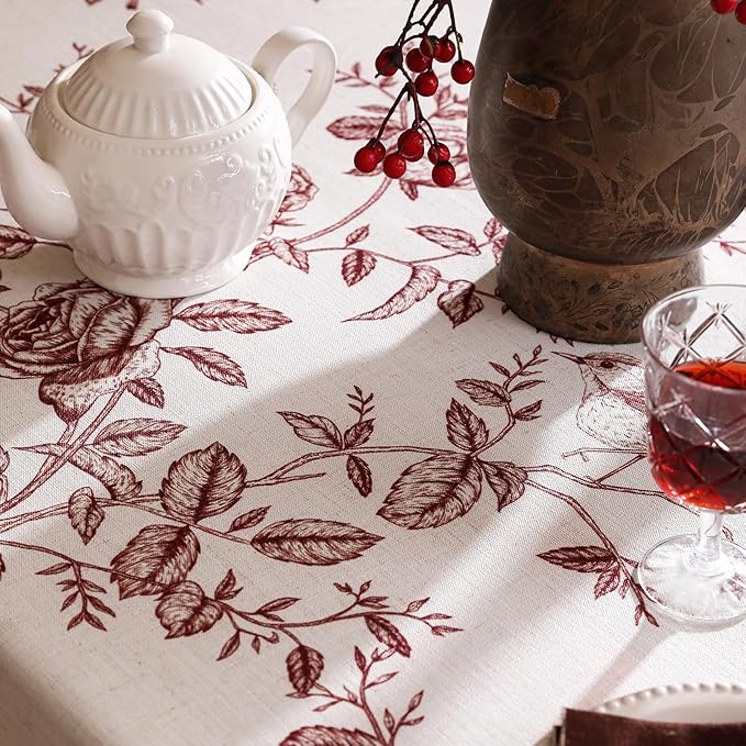 Designer Vintage Linen Square Tablecloth,Red Floral Pattern Linen Stain Resistant Table Cloth,Decor Tablecloths for Dining Thanksgiving Kitchen Christmas Party,67"*67"-Harmony
