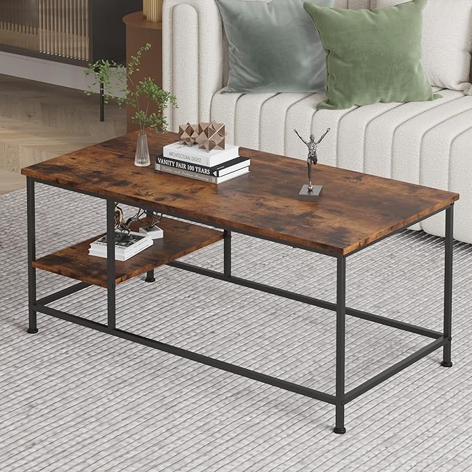 SENIG Brown Rectangle Wood and Metal Coffee Table with Storage Shelf for Small Living Rooms with Shelf