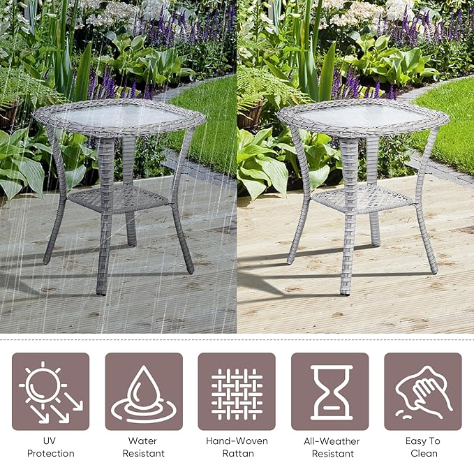Patio Wicker Side Table, Outdoor PE Rattan End Table with 5mm Tempered Glass Top and 2-Tier Storage Shelf, 20" Square Coffee Table for Deck Porch Garden Backyard-Light Grey