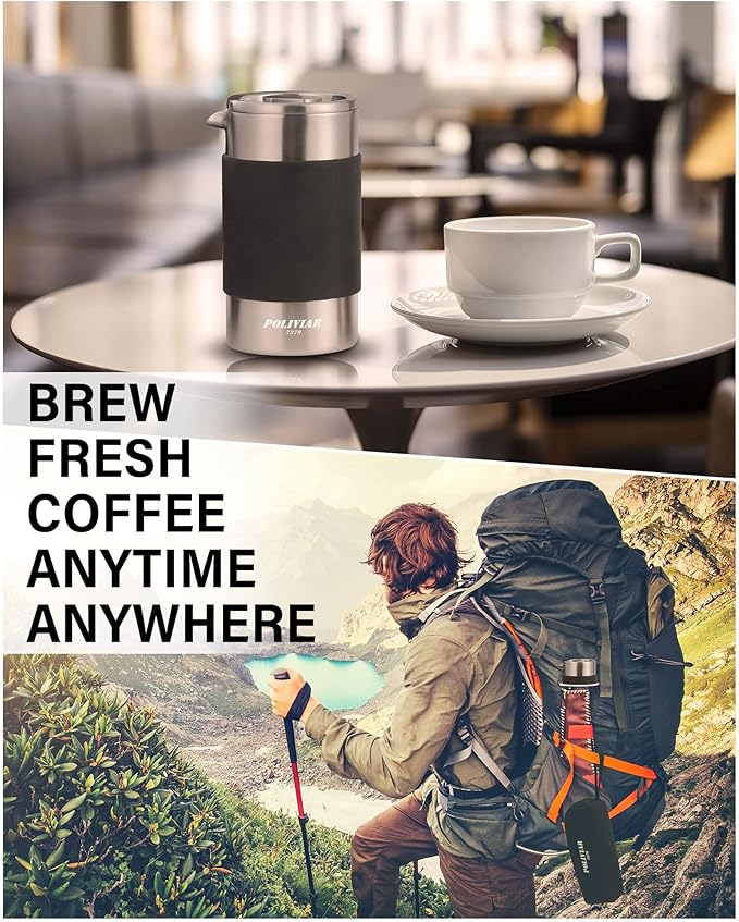 POLIVIAR French Press Coffee Maker, 12 oz Portable French Press with Mini Canister and Collection Bag, Double Wall Insulation & Dual- Filter Screen, Food Grade Stainless Steel for Coffee