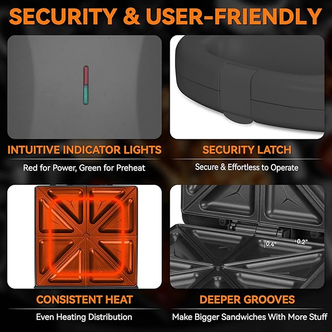 Baker’s Friend Breakfast Sandwich Maker, 4 Slices of Panini Grill Press Sandwich Maker, Electric Sandwich Maker with Indicator Light, Grill Cheese & Egg Muffin Sandwich Maker, Graphite