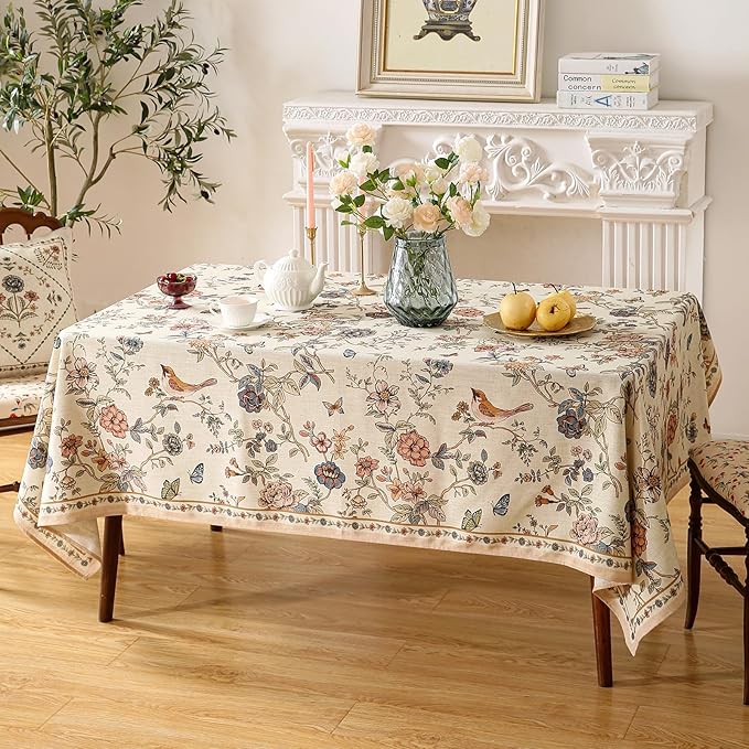 Designer French Light Beige Small Square Tablecloth,Linen Florals and Birds Pattern Table Cloth,Anti-Wrinkle Decorative Tablecloths for Dining Thanksgiving Kitchen,55"*55"-Cornucopia