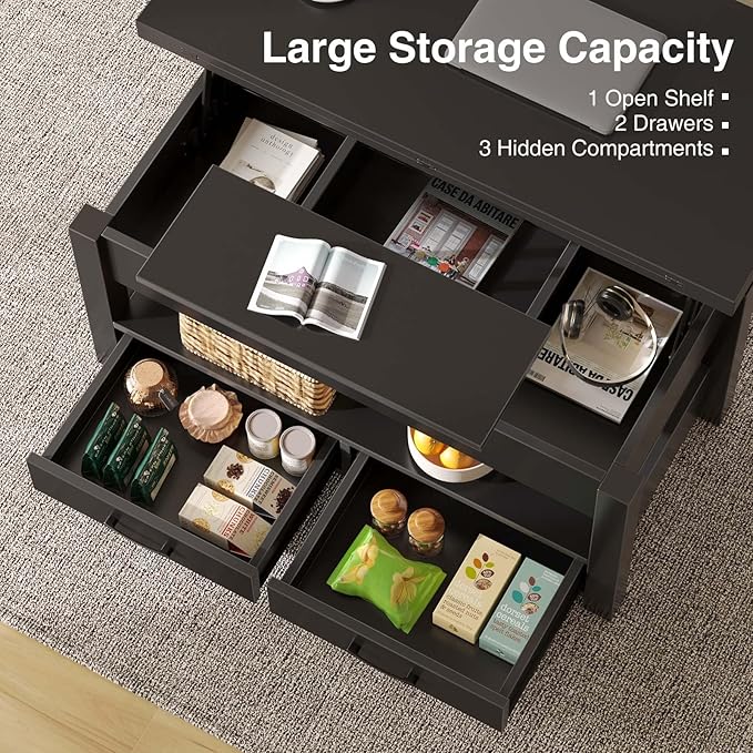 Rolanstar Coffee Table Lift Top, Multi-Function Convertible Coffee Table with Drawers and Hidden Compartment, Converts to Dining Table for Living Room, Home Office,Black